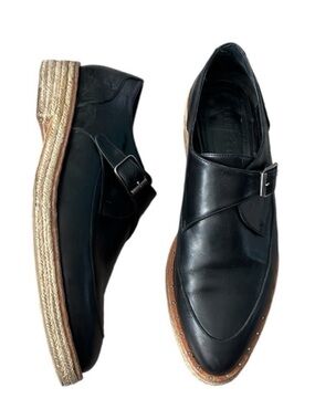 FREDA SALVADOR Keats Black Leather Monk Strap Studded Jute Platform Loafers 7